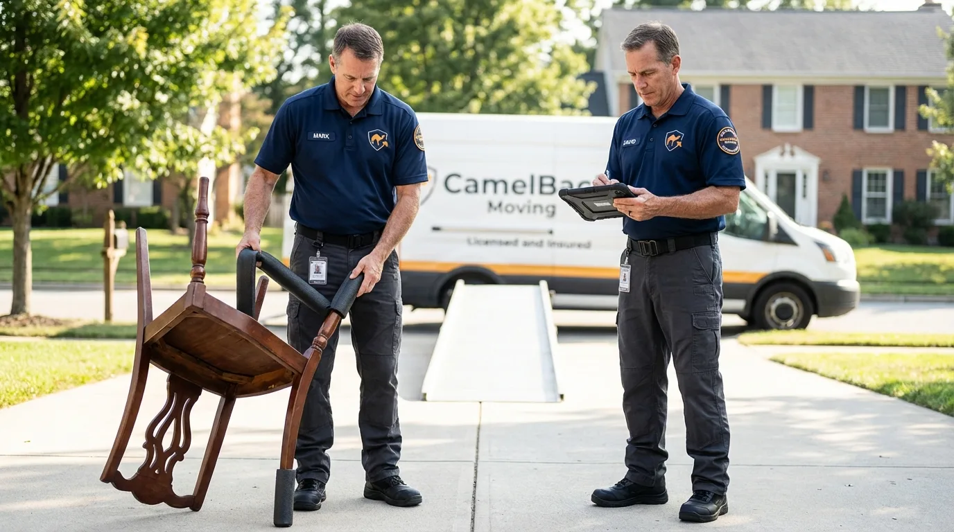 Movers inspecting furniture for damage prevention before loading in Berino, NM